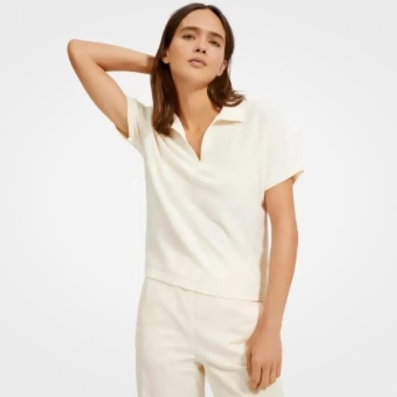 EVERLANE Womens COTTON MERINO WOOL Bone SHORT SLEEVE SWEATER medium M FLAW*STAIN - Picture 1 of 10